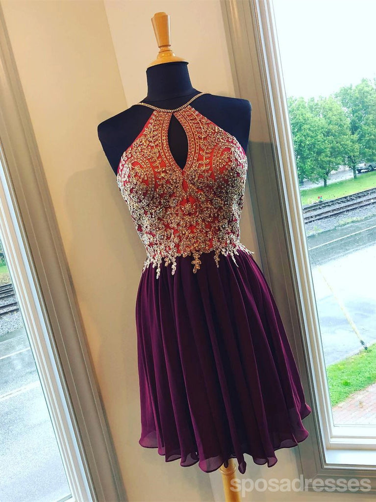 Green Gold Lace Halter Cheap Homecoming Dresses Online, Cheap Short Prom Dresses, CM736