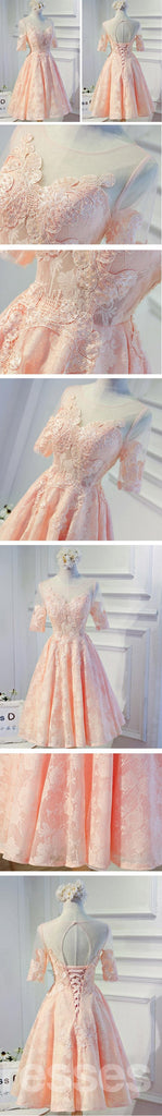 Short Sleeve Peach Lace Open Back Homecoming Prom Dresses, Affordable Short Party Prom Dresses, Perfect Homecoming Dresses, CM297