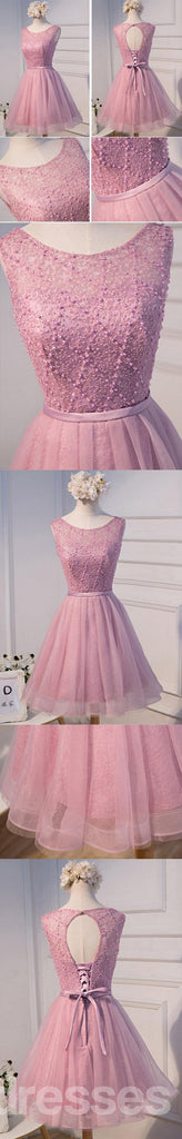 Sexy Open Back Pink Beaded Cute Homecoming Prom Dresses, Affordable Short Party Prom Dresses, Perfect Homecoming Dresses, CM303