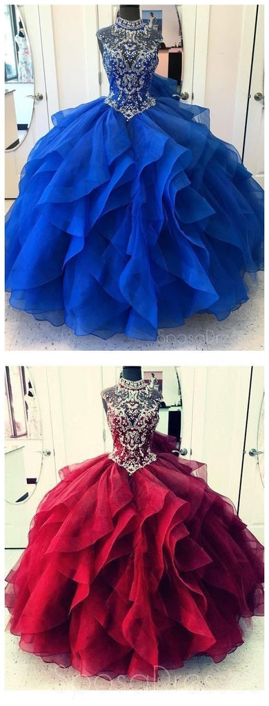 Royal Blue Ball Gown High Neck Rhinestone Beaded Long Evening Prom Dresses, 17689