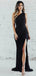 Simple Black Mermaid One Shoulder High Slit Cheap Long Prom Dresses,12843