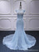 Blue Mermaid Cap Sleeves Beading Long Lace Applique Party Prom Dresses Online,12559