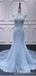 Blue Mermaid Cap Sleeves Beading Long Lace Applique Party Prom Dresses Online,12559