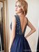 Sexy Blue A-line Straps V-neck Backless Cheap Long Party Prom Dresses Online,12554