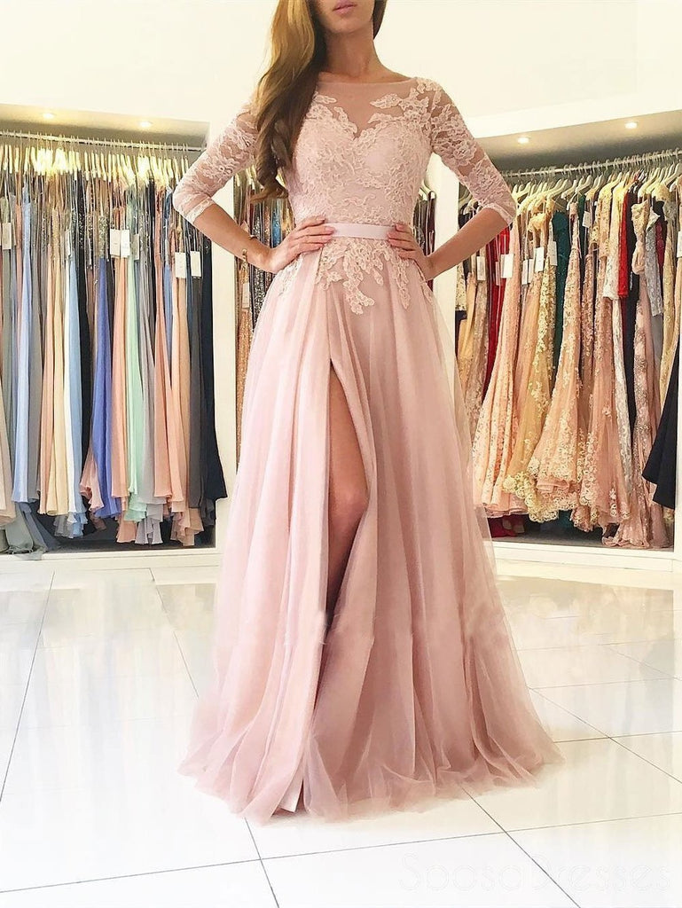 Sexy Split Blush Pink Long Sleeve Lace Evening Prom Dresses, Sexy Party Prom Dresses, 17141