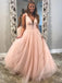 Blush Pink V Neck Straps A-line Sparkly Tulle Long Evening Prom Dresses, 17562