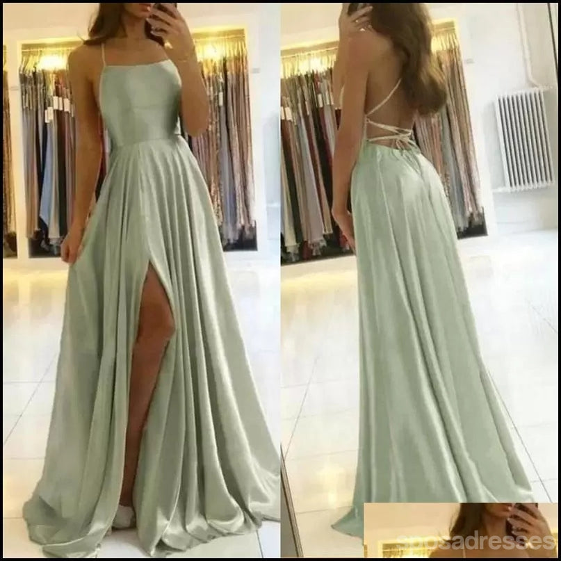 Sage A-line Spaghetti Straps High Slit Cheap Long Prom Dresses Online,12900