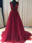 See Through V Neck Dark Red Beaded Long Evening Prom Dresses, Cheap Custom Party Prom Dresses, 18590