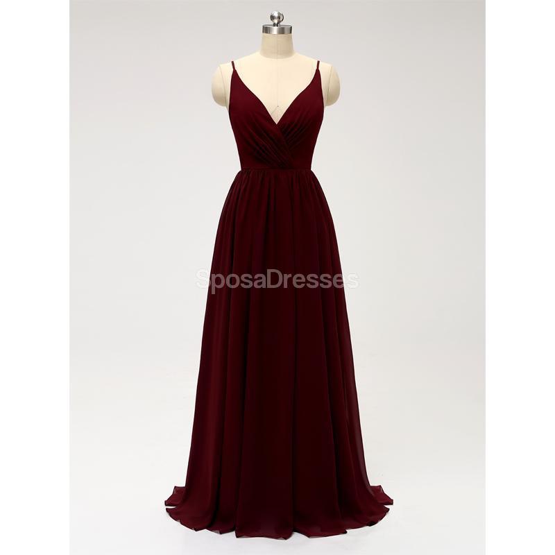 Dark Red Spaghetti Straps Chiffon Open Back Cheap Bridesmaid Dresses, WG584