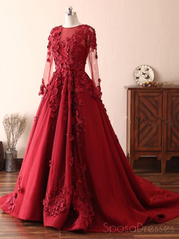 Long Sleeves Lace Dark Red Evening Prom Dresses, Cheap Custom Sweet 16 Dresses, 18533