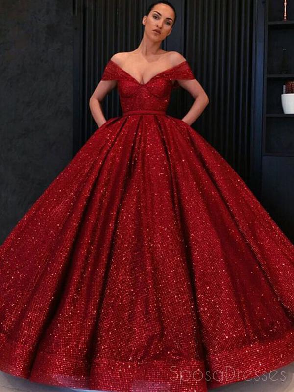 Off Shoulder Red Sparkly Ball Gown Cheap Long Evening Prom Dresses, Cheap Custom Sweet 16 Dresses, 18530