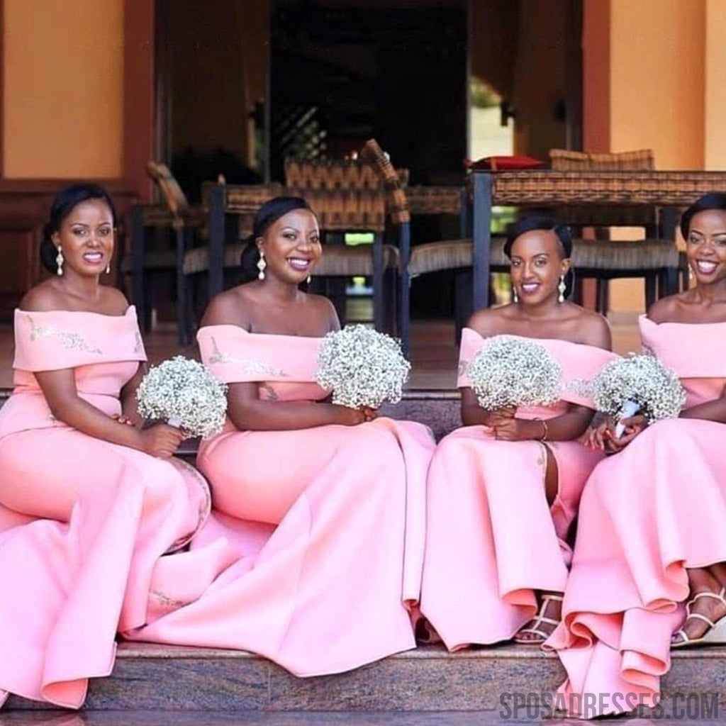 Sexy Mermaid Light Pink High Slit Off the Shoulder Long Bridesmaid Dresses Online,WG975
