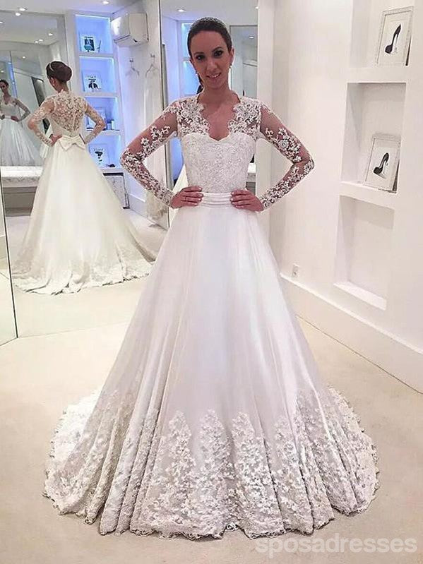 See Through Lace Long Sleeves A-line Wedding Dresses Online, Cheap Lace Bridal Dresses, WD451