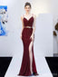 Sexy Burgundy Mermaid Spaghetti Straps V-neck High Slit Long Prom Dresses,12962