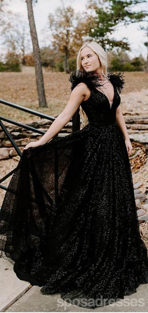 Sparkly Black A-line V-neck Maxi Long Party Prom Dresses Online,13278