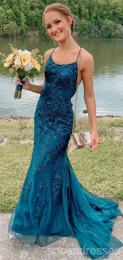Teal Mermaid Spaghetti Straps Backless Cheap Long Prom Dresses,12849
