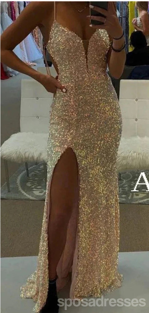 Sexy Mermaid Spaghetti Straps V-neck High Slit Cheap Prom Dresses,12954