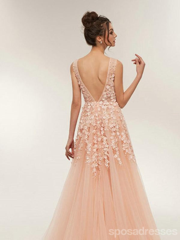 Floral Champagne A-Line Jewel Sleeveless Long Prom Dresses Online,Dance Dresses,12634