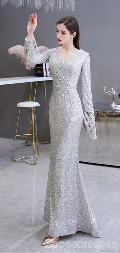 Sexy Silver Mermaid Long Sleeves V-neck Cheap Prom Dresses Online,12952