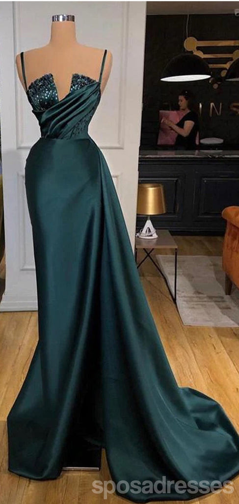 Unique Green Sheath Spaghetti Straps V-neck Cheap Long Prom Dresses,13036