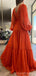 Simple Orange A-line V-neck Long Sleeves Maxi Long Prom Dresses,13241