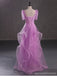 Purple A-line Short Sleeves Jewel Cheap Long Prom Dresses Online,12984