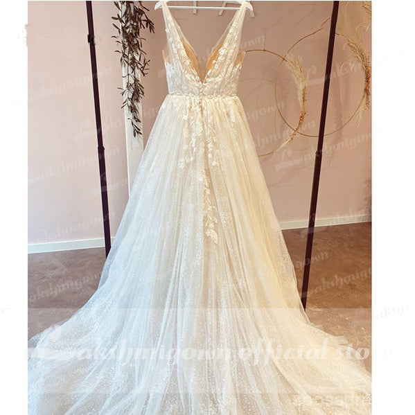 Off White A-line Straps V-neck Handmade Lace Wedding Dresses Online,WD789