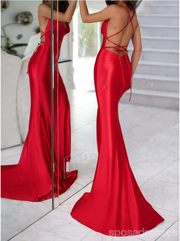 Red Mermaid Spaghetti Straps V-Neck Backless Long Prom Dresses Online,12627