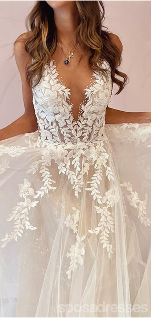 Off White A-line Spaghetti Straps V-neck Handmade Lace Wedding Dresses,WD793