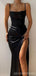 Simple Black Sheath Spaghetti Straps High Slit Cheap Bridesmaid Dresses,WG1488