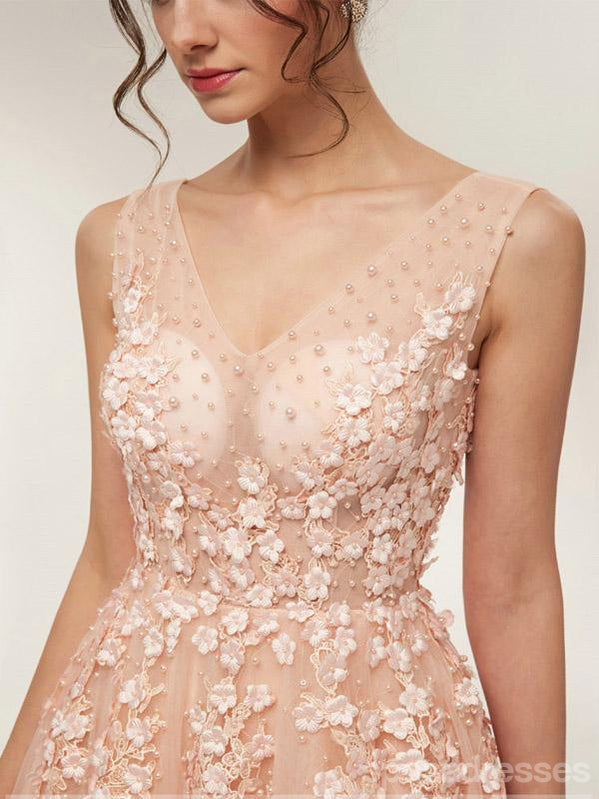 Floral Champagne A-Line Jewel Sleeveless Long Prom Dresses Online,Dance Dresses,12634