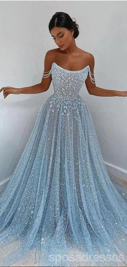 Sparkly A-line Blue Off Shoulder Cheap Prom Dresses Online,Dance Dresses,12580