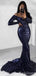 Sexy Blue Mermaid Long Sleeves Off Shoulder V-neck Cheap Prom Dresses Online,12616