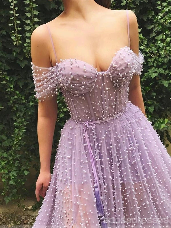 Purple A-line Spaghetti Straps Off Shoulder High Slit Long Prom Dresses Online,12790