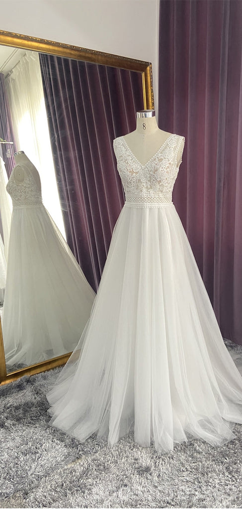 Off White A-line Straps V-neck Handmade Lace Wedding Dresses,WD792