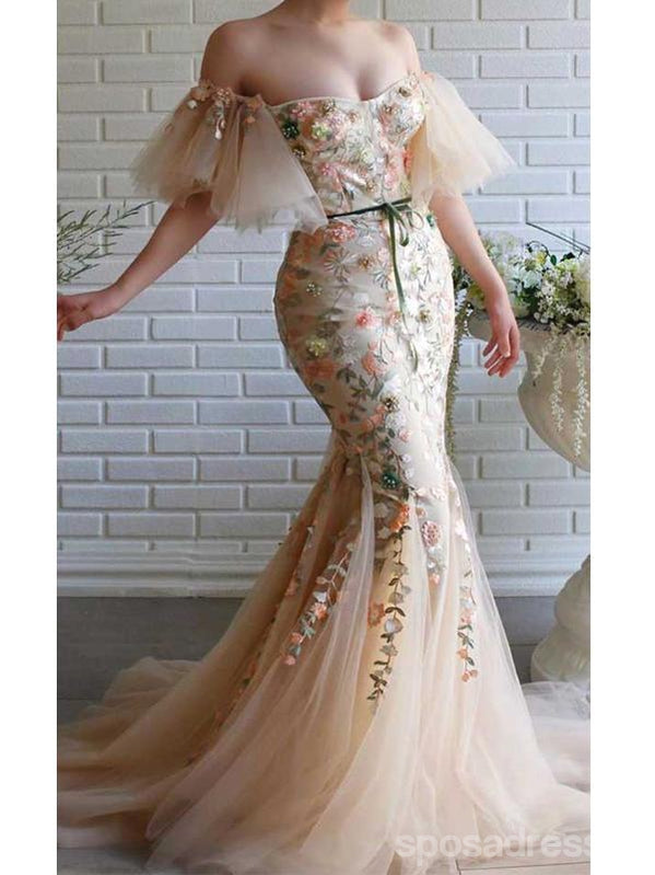 Floral Mermaid Off Shoulder Cheap Long Prom Dresses Online,Dance Dresses,12598