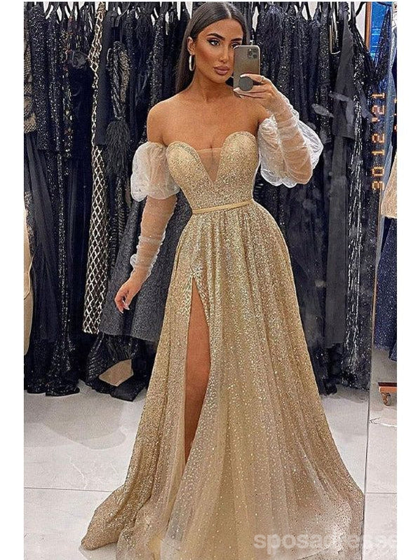 Sparkly Gold A-line High Slit Maxi Long Prom Dresses,Evening Dresses,13136