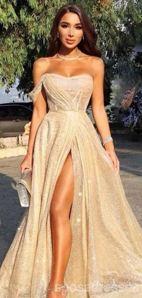 Sparkly A-line Gold One Shoulder High Slit Long Party Prom Dresses Online,12563