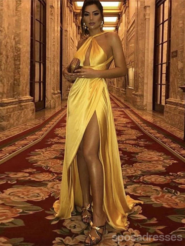 Gold Sheath Halter High Slit Cheap Long Prom Dresses Online,12924