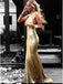 Sexy Gold Mermaid V-neck Backless Cheap Long Prom Dresses Online,12602