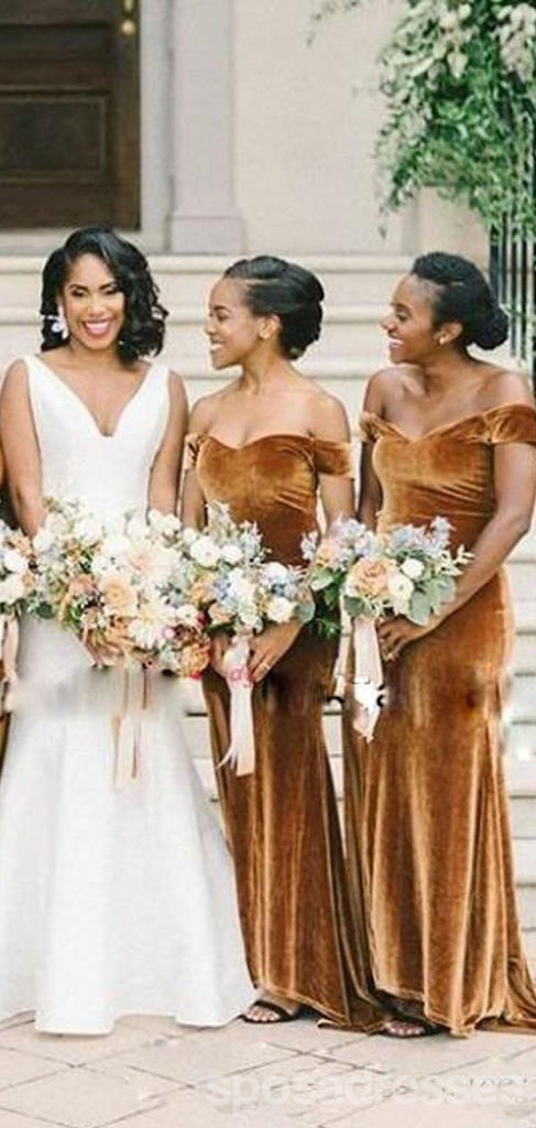 Gold Mermaid Off Shoulder High Slit Cheap Long Bridesmaid Dresses Online, WG1153