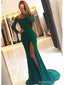 Sexy Green Mermaid Long Sleeves High Slit Cheap Prom Dresses Online,12694