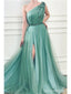 Green A-line One Shoulder High Slit Cheap Long Prom Dresses Online,12860