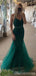 Emerald Green Mermaid Spaghetti Straps V-neck Cheap Long Prom Dresses,12862