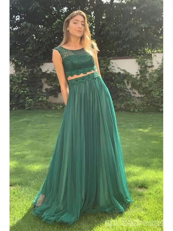 Green A-line Two Pieces Sleeveless Cheap Long Prom Dresses Online,12728