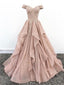 Off Shoulder Dusty Champagne Lace Cheap Long Evening Prom Dresses, Evening Party Prom Dresses, 18627