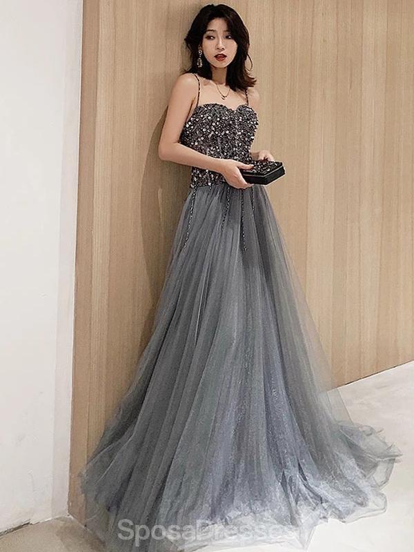 Spaghetti Straps Grey Beaded A-line Long Evening Prom Dresses, Evening Party Prom Dresses, 12207