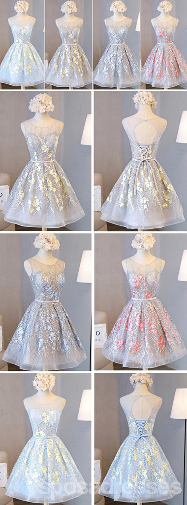 Scoop Neckline Grey and Yellow Lace Homecoming Prom Dresses, Affordable Short Party Prom Dresses, Perfect Homecoming Dresses, CM280