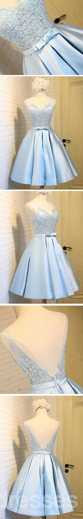 Scoop Neckline Two Straps Blue Lace See Through Homecoming Prom Dresses, Affordable Short Party Prom Dresses, Perfect Homecoming Dresses, CM290