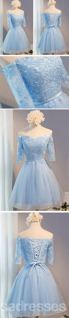 Off Shoulder Short Sleeve Blue Lace Homecoming Prom Dresses, Affordable Short Party Prom Dresses, Perfect Homecoming Dresses, CM287